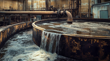 Water cascades into a large round tank in an industrial metalworking facility, showing the gritty beauty of manufacturing in earthy tones.の素材