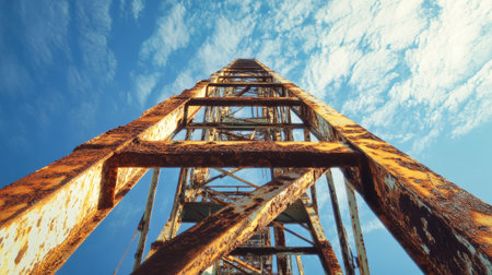 An abandoned industrial tower looms majestically, its rusty frame contrasting stunningly with the bright blue sky, showing layers of history and neglect.の素材