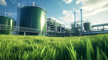 Modern biofuel production facility large features green tanks and intricate piping, set against a lush grassy backdrop under bright daylight, highlighting ecological innovation.の素材