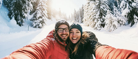 Smiling couple captures a joyful selfie while skiing, surrounded by snow-covered trees and a magical winter landscape. Their love shines brightly in the cold.の素材