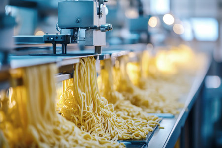 In a state-of-the-art factory, a fully automatic machine efficiently assembles fresh pasta, showcasing a blend of technology and culinary craftsmanship.の素材