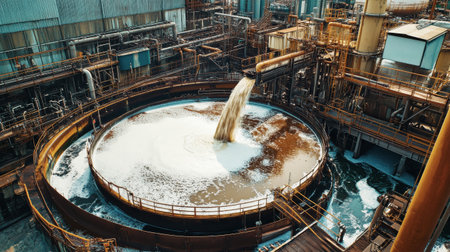 Complex machinery propels murky, brown smelter water into a large circular tank, where innovative methods purify it into bright, clean foam at the industrial facility.の素材