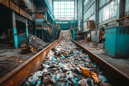 Conveyor belts transport and sort waste materials, highlighting the complex processes within a bustling recycling plant's interior.の素材