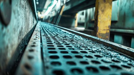 Metal conveyor belts transport waste through a waste processing facility, highlighting advanced industrial technology and the importance of recycling in modern operations.の素材