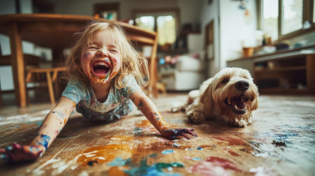 A little blonde girl with paint and dirt on her clothes crawls on the floor, laughing alongside her cheerful dog in a lively, messy dining room.の素材