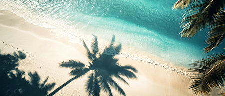 An airplane casts its shadow above a stunning tropical beach, where gentle waves lap at the shoreline and palm trees sway in the warm summer breeze.の素材