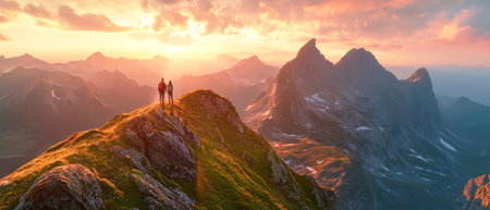 Two hikers support each other as they reach the mountain summit at sunset, surrounded by stunning peaks and a vibrant, colorful sky.の素材