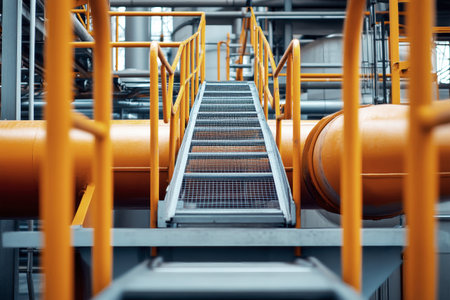 Intricately designed pipes and a sleek ladder intertwine in an industrial environment, showing the dynamic energy of a power plant infused with vibrant hues.の素材
