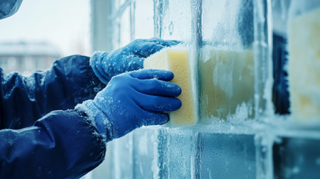 With bright blue gloves, a dedicated worker scrubs an icy glass surface, ensuring a clean and reflective shine while enhancing visibility and aesthetics.の素材