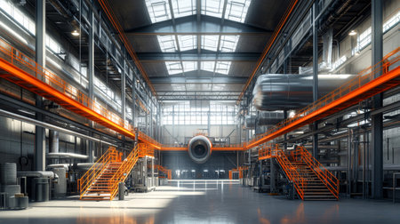 Intricate layout of an industrial factory filled with large pipes and ladders leading to multiple levels, showing advanced machinery and vivid safety railings.の素材