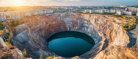 A stunning view reveals an expansive, flooded diamond mine surrounded by city buildings. Smooth, glistening walls reflect sunlight as greenery adds texture to the scene.の素材