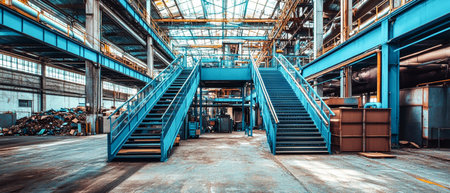 Inside a modern recycling facility, a striking blue staircase connects levels, showing the industrial elegance of steel and glass in a space dedicated to waste transformation.の素材
