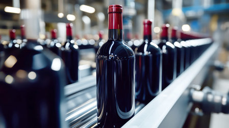 Close-up view of dark red wine bottles moving along a conveyor belt in a production facility, highlighting the glossy finish and industrial atmosphere of winemaking.の素材
