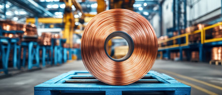 A large roll of gleaming copper wire rests prominently on a wooden pallet surrounded by industrial elements, showcasing seamless craftsmanship and industrial aesthetic.の素材