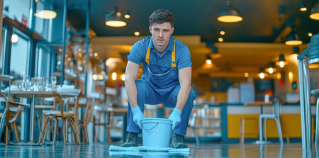 In a vibrant restaurant setting, a Scottish man focuses intently on cleaning the polished floor using a bucket and mop.の素材