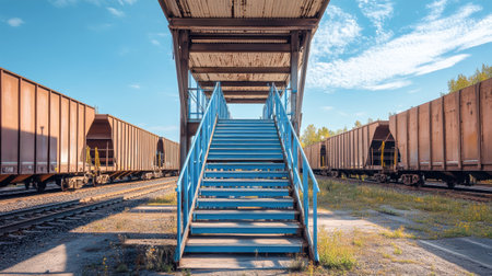 Freight cars are parked below a rustic industrial structure, complemented by blue metal stairs. The clear sky enhances the expansive, serene atmosphere of the location.の素材