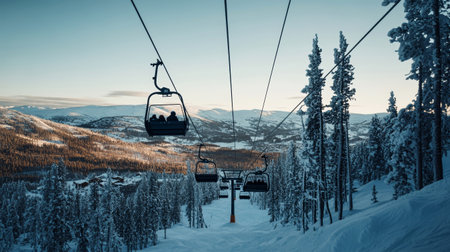 Skiers enjoy a scenic ascent on a gondola lift surrounded by towering snow-covered mountains and serene winter landscapes. The atmosphere is peaceful and inviting.の素材