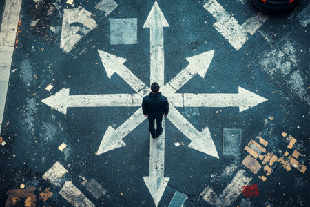 A man stands contemplatively at a busy crossroad, surrounded by arrows indicating various paths. The view captures an aerial perspective of his pivotal moment.の素材