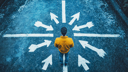 A figure contemplates multiple pathways at a crossroad, each arrow pointing in diverse directions, representing life's choices in a captivating and thoughtful atmosphere.の素材