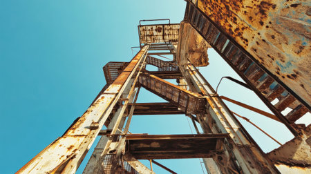 A rust-laden industrial tower stands tall, with broken stairs and weathered metal contrasting vividly against the bright blue sky, showing nature reclaiming man's work.の素材