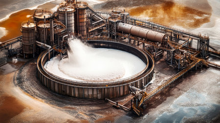 Complex industrial setup converts murky, acidic smelter water into a clean, white foam using advanced techniques, showcasing vibrant colors against earthy tones.の素材