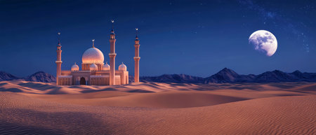 In a tranquil desert landscape, a stunning mosque shines brightly beneath a full moon. Sand dunes ripple softly, creating a serene, mystical atmosphere ideal for reflection.の素材