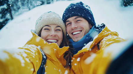 Cheerful couple captures a moment of joy while skiing at a winter resort, surrounded by snowflakes in their vibrant jackets and hats, radiating happiness.の素材