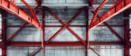 Captivating view showcasing bold red steel beams supporting sleek air conditioning pipes in a spacious, modern industrial warehouse environment.の素材