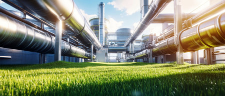 Bright blue skies complement the shiny silver pipes of an eco-friendly energy production plant surrounded by lush green grass, showing the harmony between innovation and nature.の素材