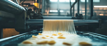 Realistic depiction of pasta being pumped out of a machine, showing the traditional Italian process of creating high-quality, artisanal noodles.の素材