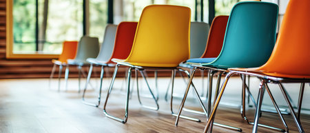 Brightly colored chairs arranged in a sleek conference room setting, showcasing a blend of modern design and rustic elements, ideal for team meetings.の素材