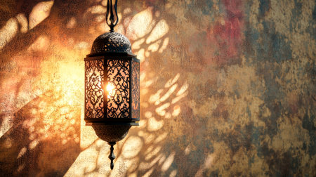 Warm sunlight bathes an elegant lantern, its soft glow projected onto an intricately patterned wall, evoking a peaceful atmosphere perfect for Ramadan.の素材