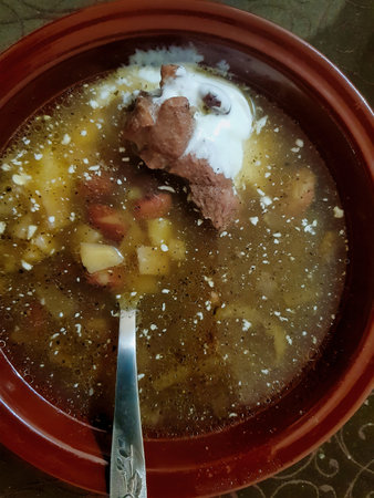 Rich and aromatic, this hearty stew features tender meat, vibrant vegetables, and a dollop of yogurt, creating a delightful dish for chilly days.の写真素材