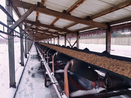 Long conveyor belts move sand-like material through a covered area, surrounded by snow, showcasing industrial activity in a cold winter setting.の写真素材