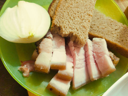 Savory slices of meat are neatly arranged alongside soft brown bread and a fresh onion half, creating a meal on a vibrant green plate.の写真素材