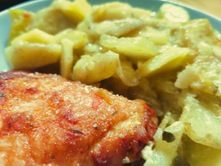 Tender chicken fillet is perfectly baked and paired with a flavorful mix of sautの写真素材
