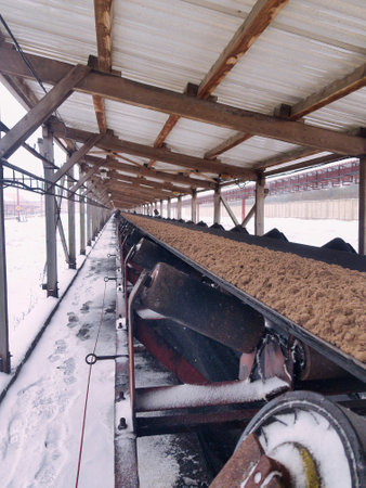 A conveyor system carries sand beneath a sheltered structure, showing a winter setting with snow blanketing the ground.の写真素材