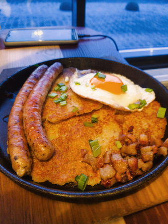 A mouthwatering breakfast spread showcases golden crispy potato cakes alongside juicy sausages and a sunny-side-up egg, garnished with fresh herbs.の写真素材