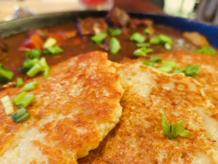 Warm and inviting culinary creation featuring golden tortillas topped with vibrant green scallions, resting in a flavorful broth, perfect for sharing.の写真素材