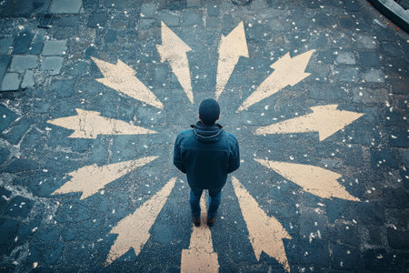 Standing atop a crossroad surrounded by arrows, a man contemplates his choices in this cinematic, hyperrealistic setting, creating a profound depiction of decision-making.の素材
