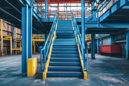 Bright blue metal staircase ascends in a waste processing plant, showing the interior industrial design and a playful workplace environment for workers.の素材