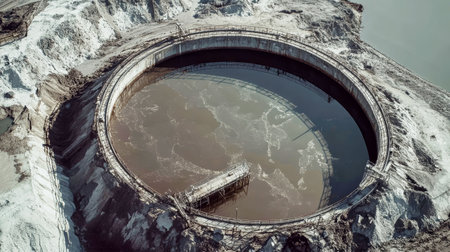 Observing a massive industrial thickener reveals a large circular tank filled with dark brown liquid, framed by a vast gray landfill.の素材