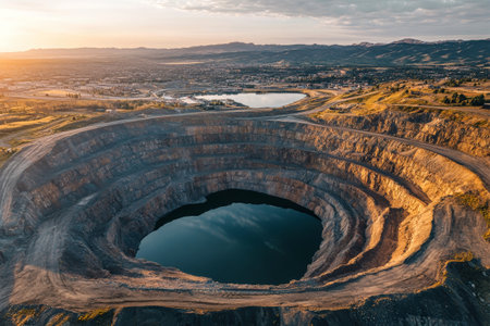 A mesmerizing perspective reveals a vast, bottomless hole in a diamond mine, with a reflective pool of water and a city skyline gently illuminated by early morning light.の素材
