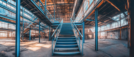 Inside a spacious recycling facility, a striking blue metal staircase leads up through steel structures, showing a blend of modern design and sustainability.の素材