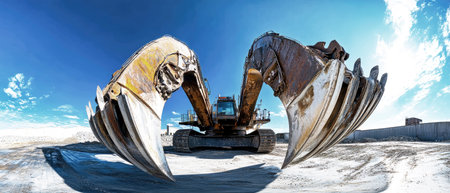 Set against a vibrant blue sky, a massive marble mining machine showcases its giant steel claw while working at a quarry in Germany.の素材