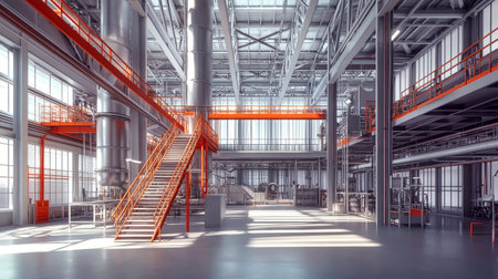An expansive factory interior showcases large pipes, steel beams, and orange safety railings, highlighting industrial machines within a modern construction site.の素材