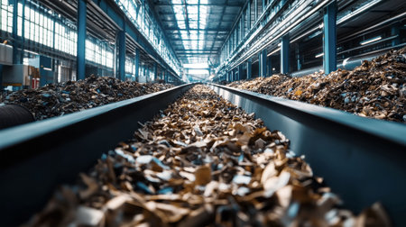 Inside a spacious metal warehouse, a long black conveyor belt transports a mixture of waste, sand, and wood, showing innovative recycling solutions.の素材