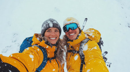 Brightly clad in winter jackets, this cheerful couple enjoys a snow-filled day on the slopes while taking a fun selfie amidst falling snowflakes at a ski resort.の素材