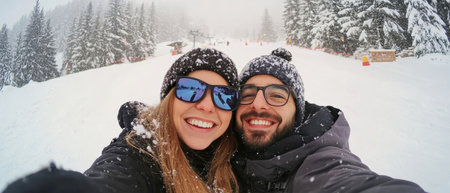 Amidst falling snow, a happy couple poses for a selfie on a beautiful ski slope, surrounded by towering trees, capturing the magic of a winter day.の素材