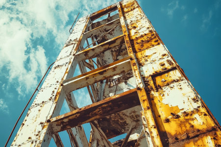 Rusty remnants of a towering industrial structure reach towards the sky, displaying a blend of yellow and white details.の素材
